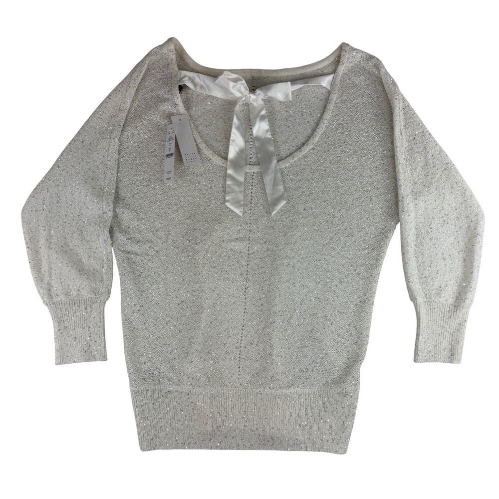 White House Black Market Dolman Sequin Tieback Sweater‎ Women M Ecru 570220794